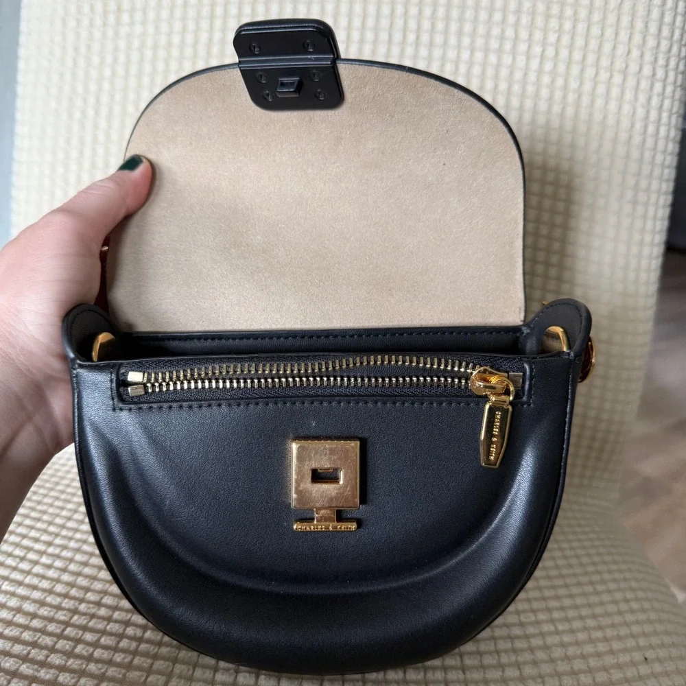 Charles & Keith‎ Koa Half-Moon Saddle Bag Purse Clutch black faux leather gold